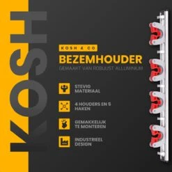 Merkloos Stevige Bezemhouder - Aluminium - Ophangsysteem Bezem - 5 Haken & 4 Houders - Gereedschaphouder - Opbergsysteem -Tuingereedschaps Winkel 1198x1200