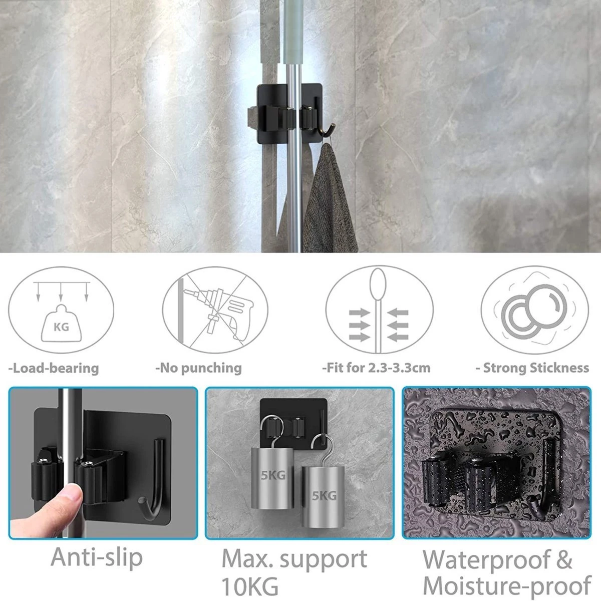 BOTC Bezemhouder - 4 Stuks - RVS - Bezem Ophangsysteem - Bezem Houder - Tuingereedschap - Zwart 4 BOTC Bezemhouder - 4 Stuks - RVS - Bezem Ophangsysteem - Bezem Houder - Tuingereedschap - Zwart - Afbeelding 2